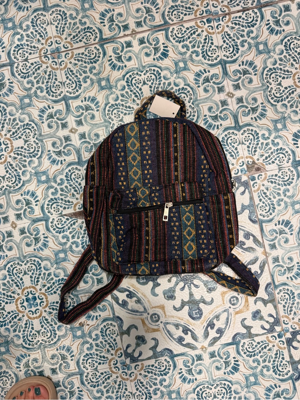 Woven Boho Mini Backpack in Navy Multi